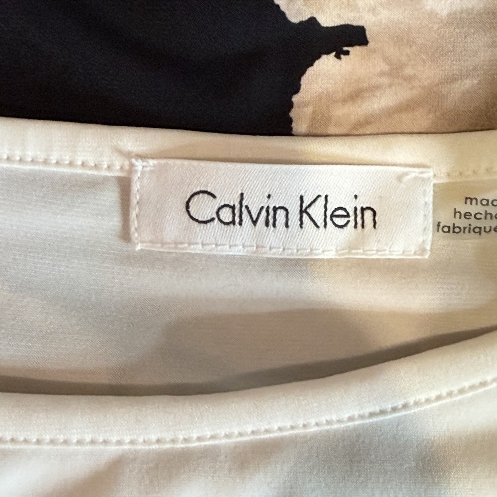 Calvin Klein Black Floral Top White Contrast Panels Gold Zip Stretch Blouse L‎ - Picture 7 of 10